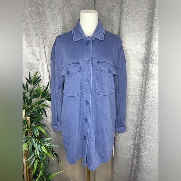 NWT Avec Les Filles Women’s Oversized Button-Down Jacket Blue Sz M - Picture 1 of 12